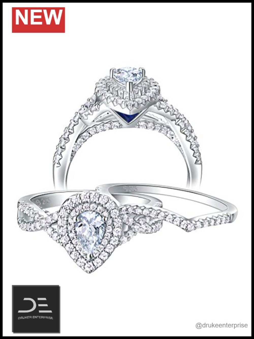 Sterling Silver Cubic Zirconia Pear Engagement Ring Bridal Set